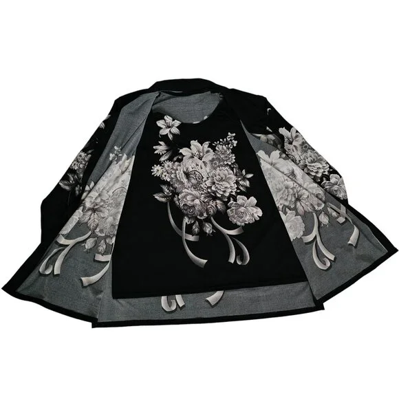 ModeLia Women's Floral Print Kimono W/ Inner Sleeveless Blouse Black Size Medium - Picture 4 of 16